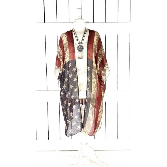 USA Patriotic American flag sheer gauzy kimono cardigan cover up - Picture 1 of 5